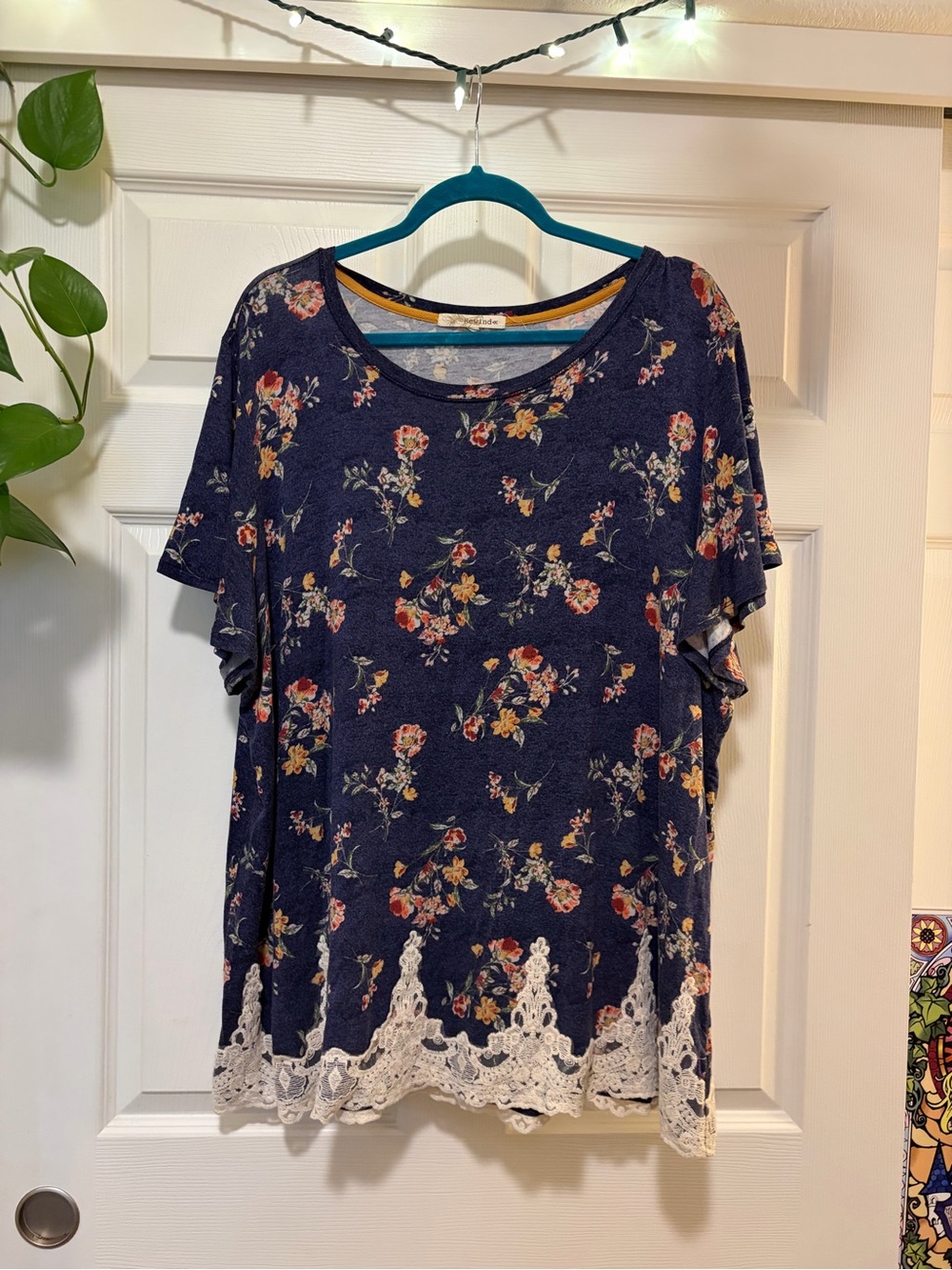 Rewind Navy Floral Short Sleeve Top with Cream Lace Trim